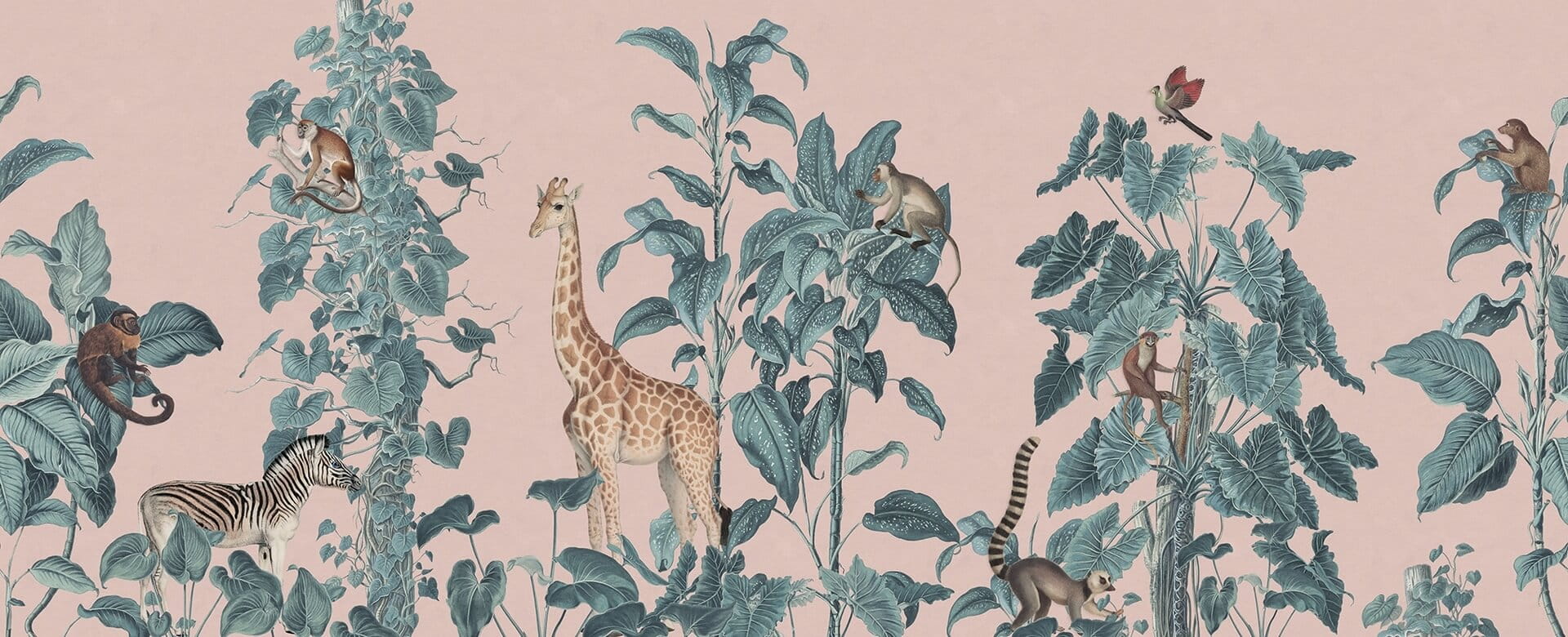 Fototapeta zwierzęta dżungli Rebel Walls R19992 Wildlife Stroll Pink Family Fun