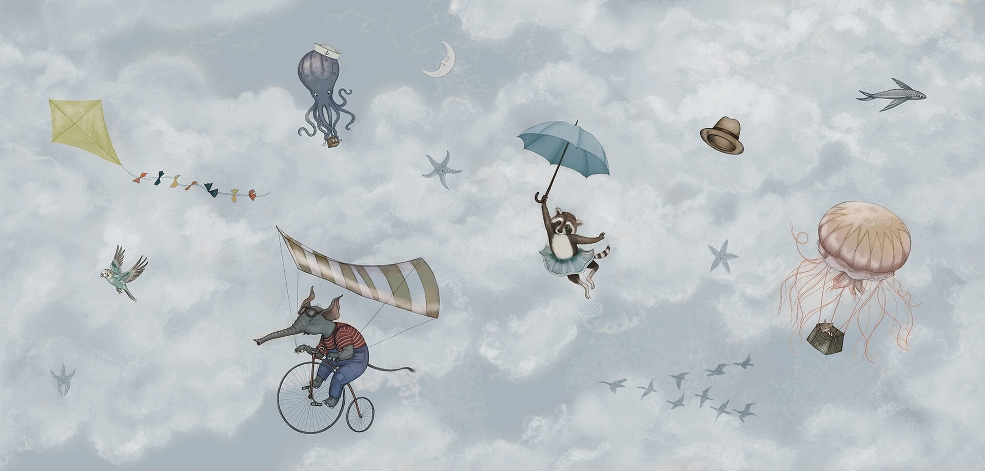 Fototapeta zwierzęta w chmurach Rebel Walls R20588 In the Clouds Light Blue Family Fun