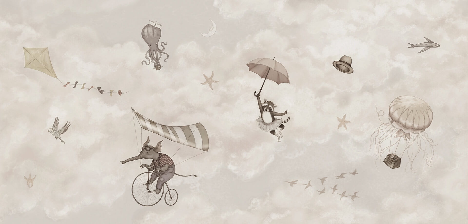 Fototapeta zwierzęta w chmurach Rebel Walls R20589 In the Clouds Beige Family Fun