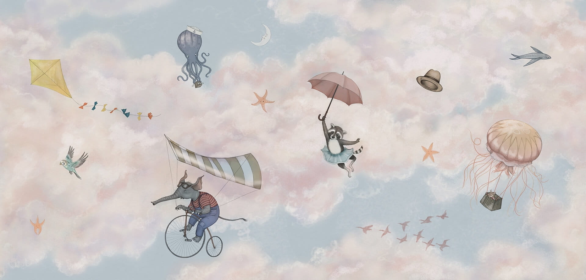 Fototapeta zwierzęta w chmurach Rebel Walls R20590 In the Clouds Pink Family Fun