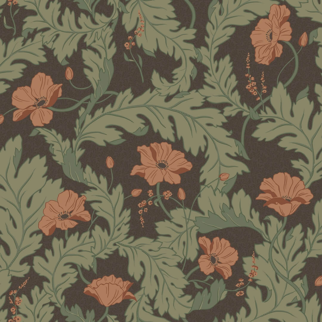 Tapeta roślinna w maki i liście Sandberg S10561 Charlotta Brown Tradgarden