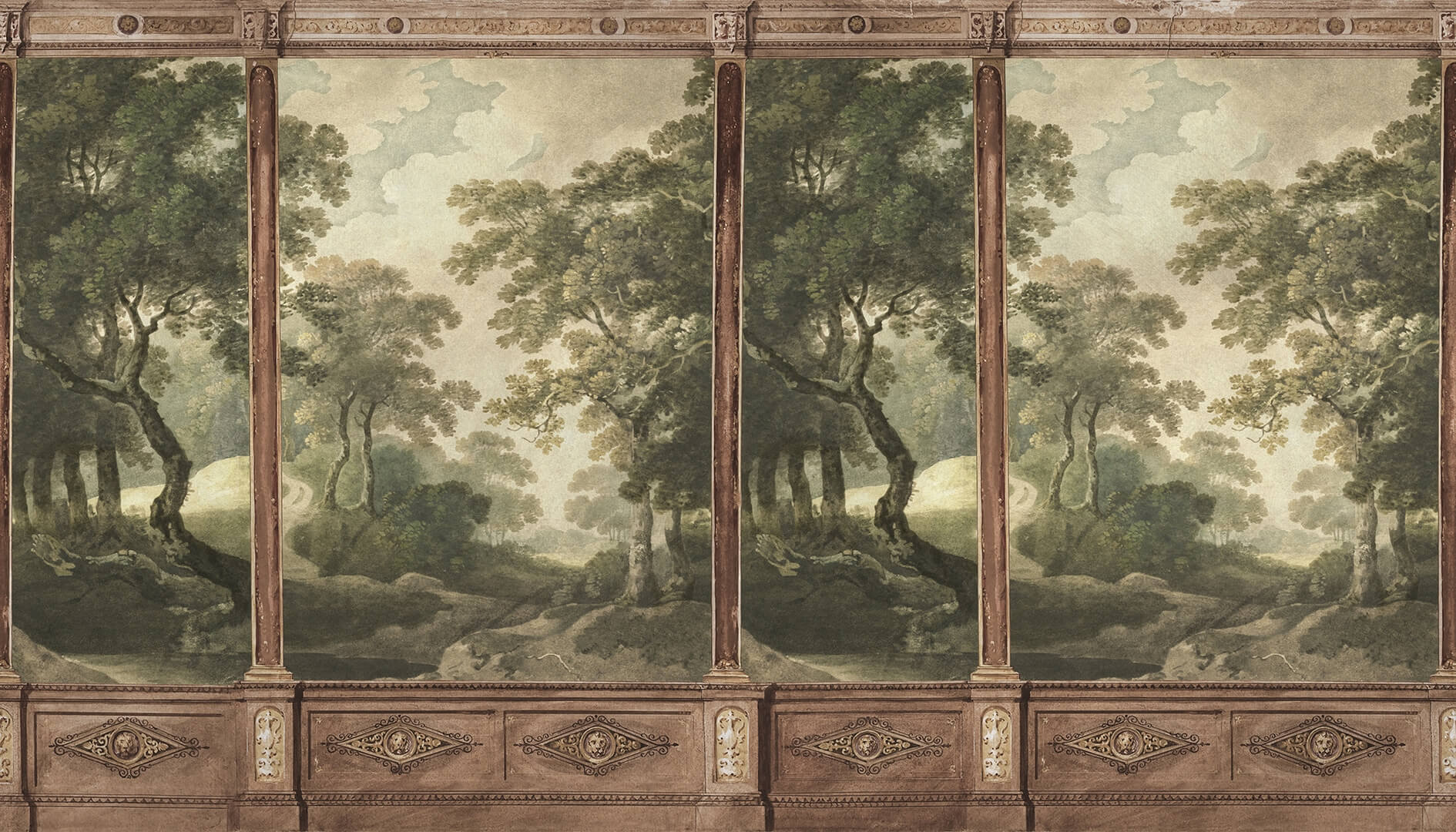 Fototapeta krajobraz lasu w panelach Rebel Walls R20324 Woodland Panels Green Poetic