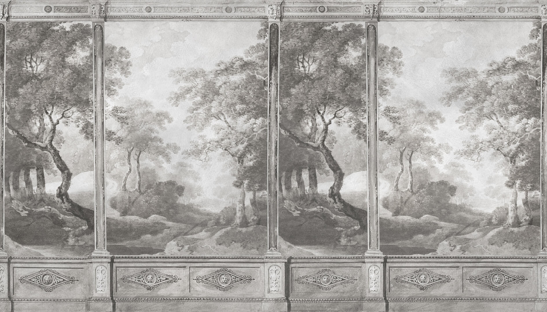 Fototapeta krajobraz lasu w panelach Rebel Walls R20325 Woodland Panels Gray Poetic
