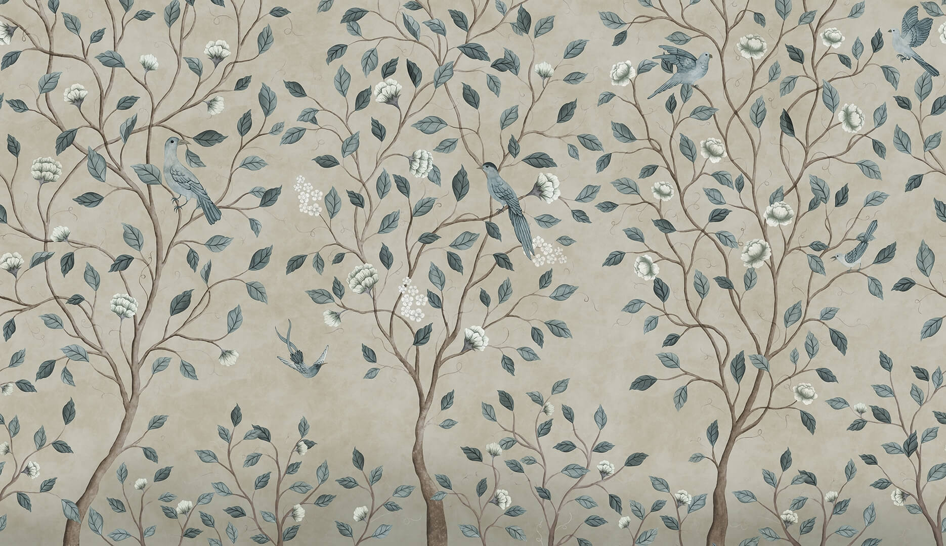 Fototapeta kwitnące drzewa i ptaki Rebel Walls R20340 Chinoiserie Dream Blue Poetic