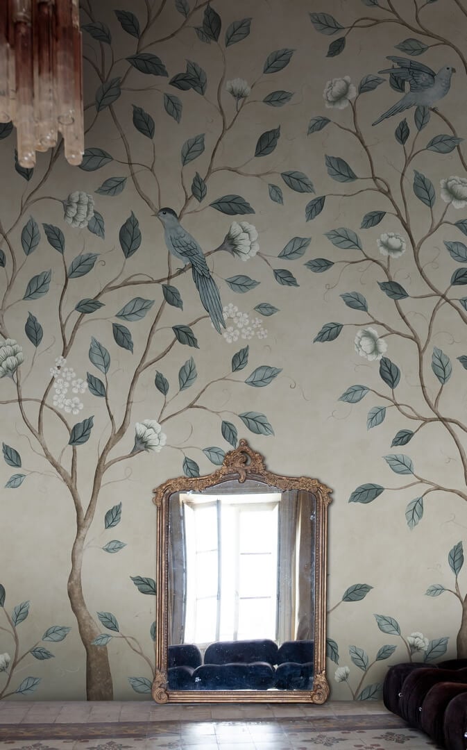 Fototapeta kwitnące drzewa i ptaki Rebel Walls R20340 Chinoiserie Dream Blue Poetic