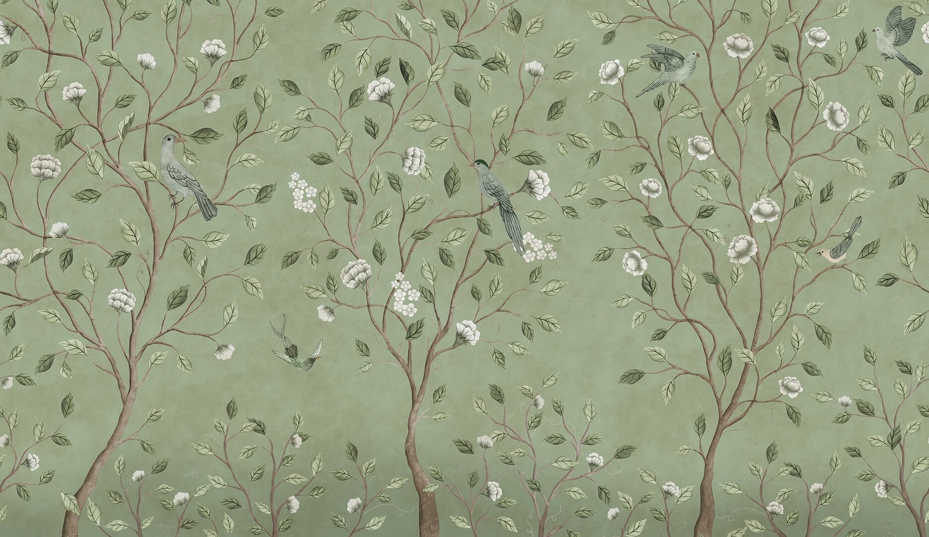 Fototapeta kwitnące drzewa i ptaki Rebel Walls R20341 Chinoiserie Dream Green Poetic