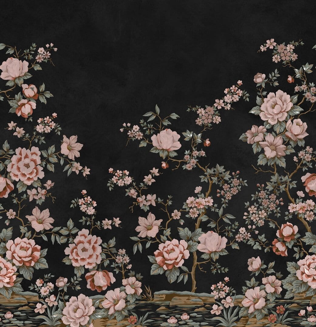 Fototapeta kwiatowe pnącza róż Rebel Walls R20354 Floral Chinoiserie Black Poetic