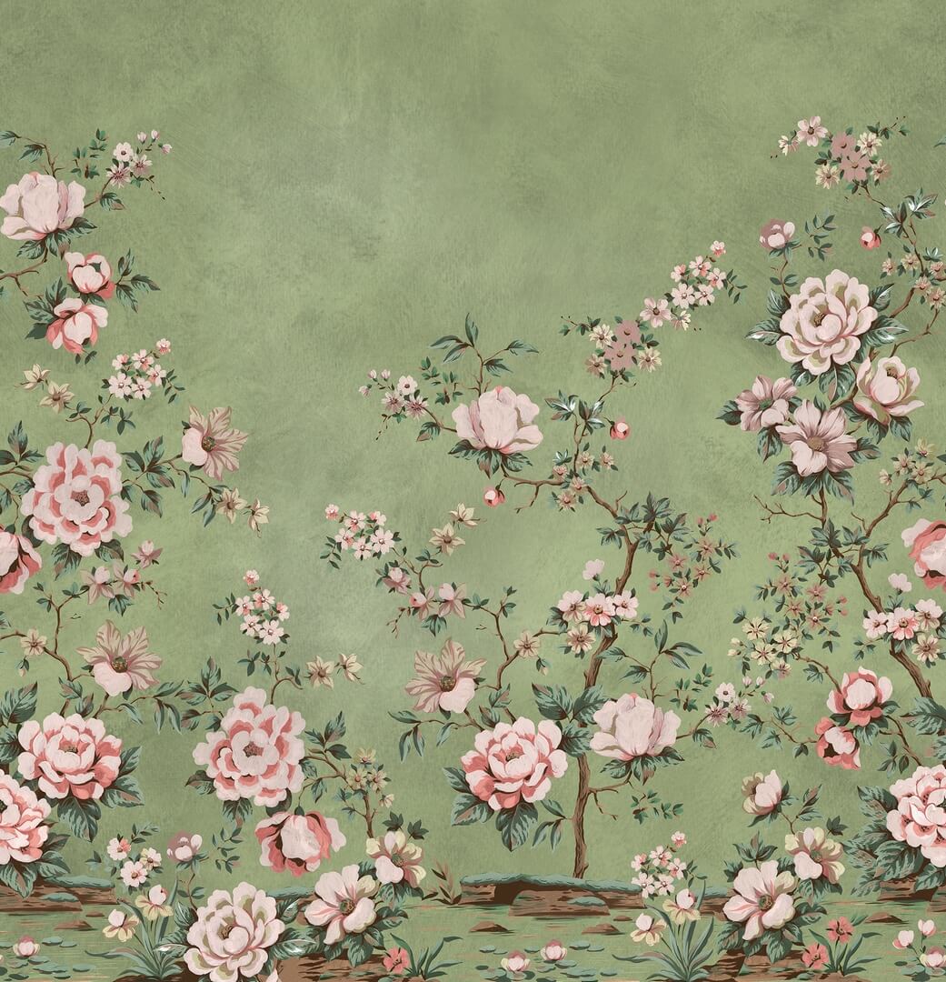 Fototapeta kwiatowe pnącza róż Rebel Walls R20355 Floral Chinoiserie Green Poetic