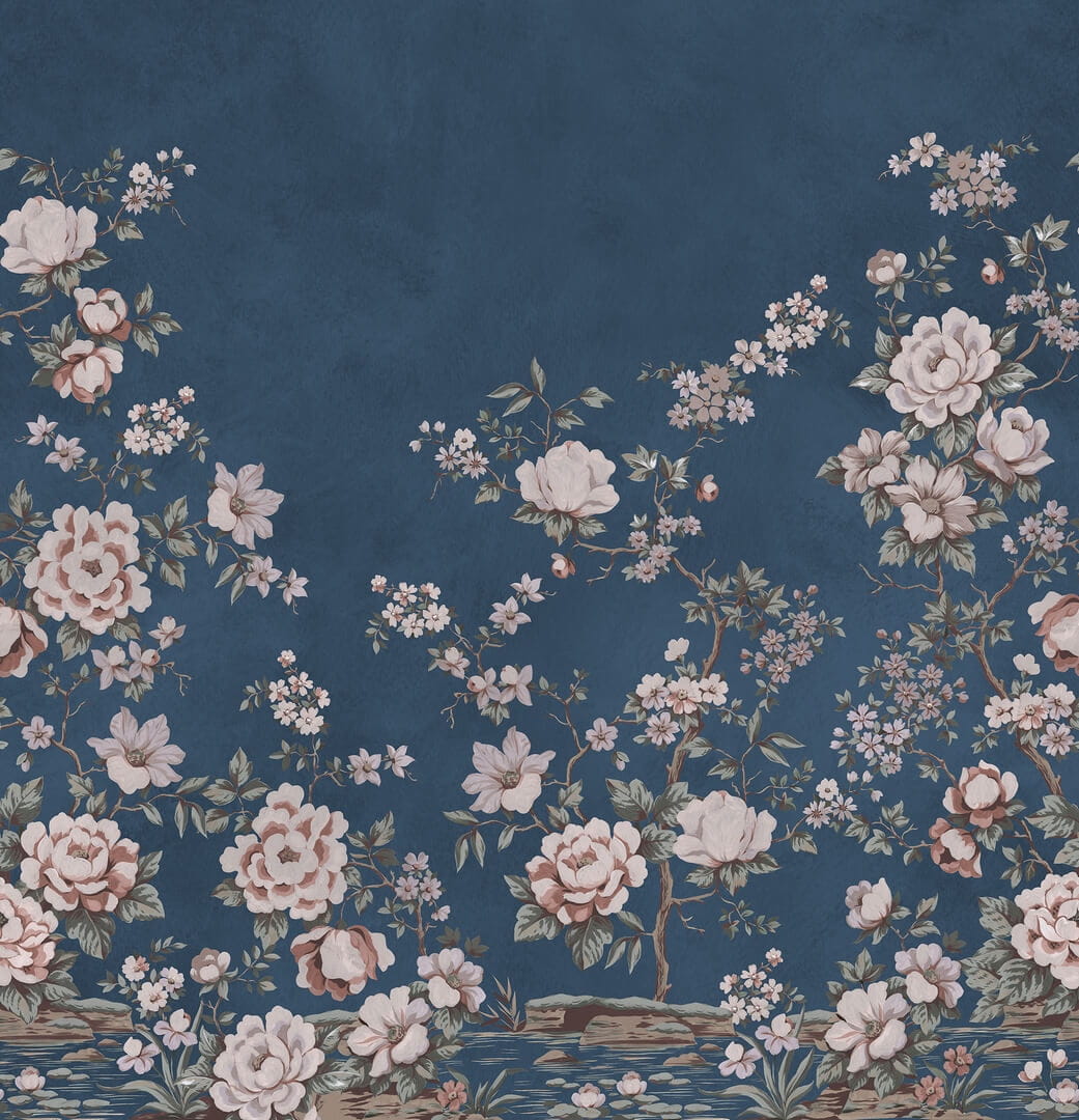 Fototapeta kwiatowe pnącza róż Rebel Walls R20356 Floral Chinoiserie Dark Blue Poetic