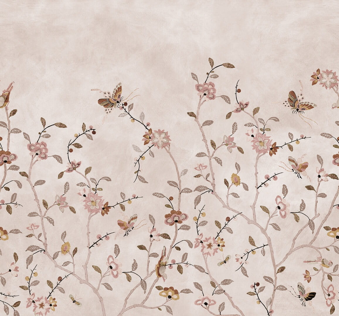 Fototapeta kwiatowe pnącza i motyle Rebel Walls R20359 Whispering Petals Pink Poetic