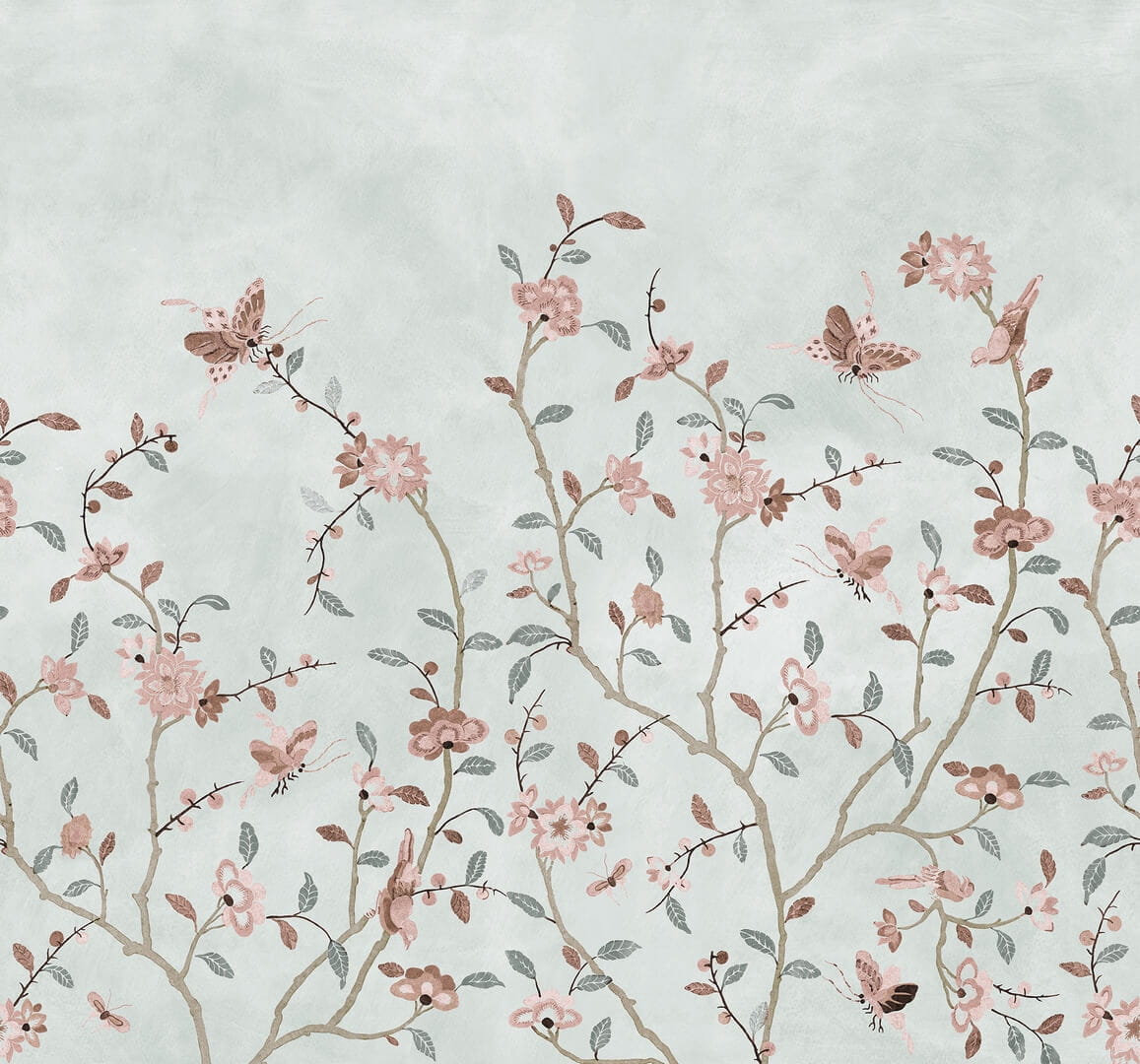 Fototapeta kwiatowe pnącza i motyle Rebel Walls R20360 Whispering Petals Light Blue Poetic