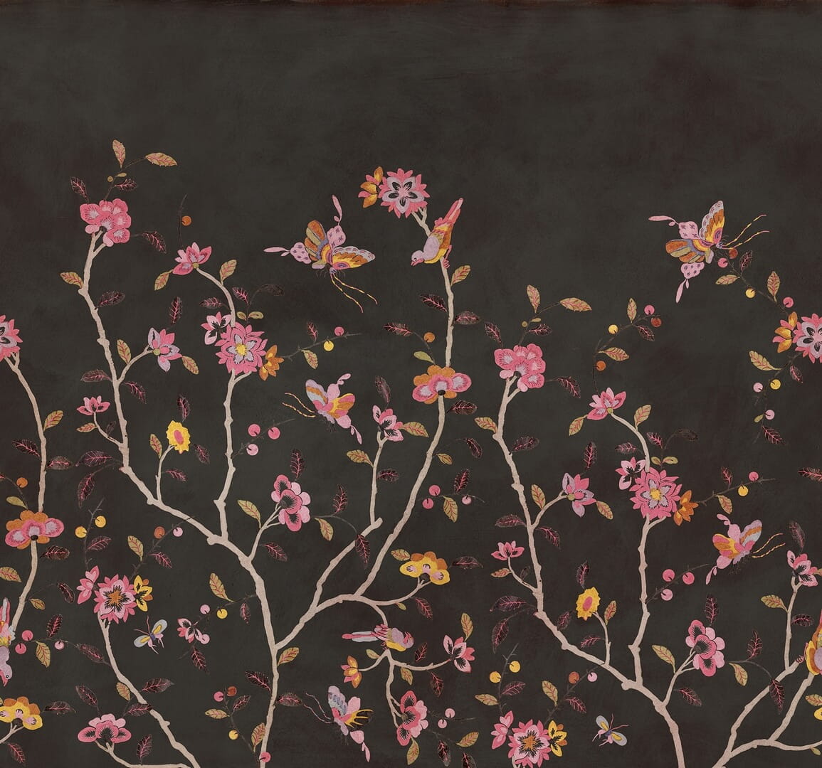 Fototapeta kwiatowe pnącza i motyle Rebel Walls R20362 Whispering Petals Black Poetic