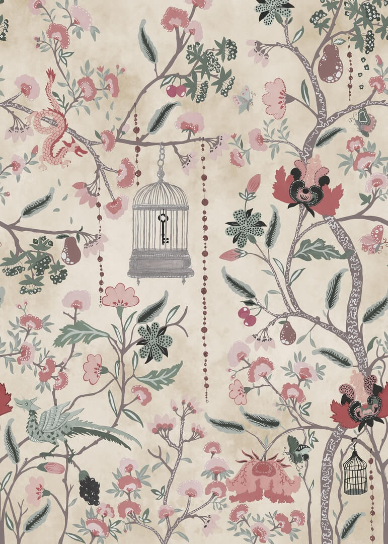 Fototapeta poetycki ogród pełen tajemnic i smoków Rebel Walls R20973 Mystic Garden Beige Poetic