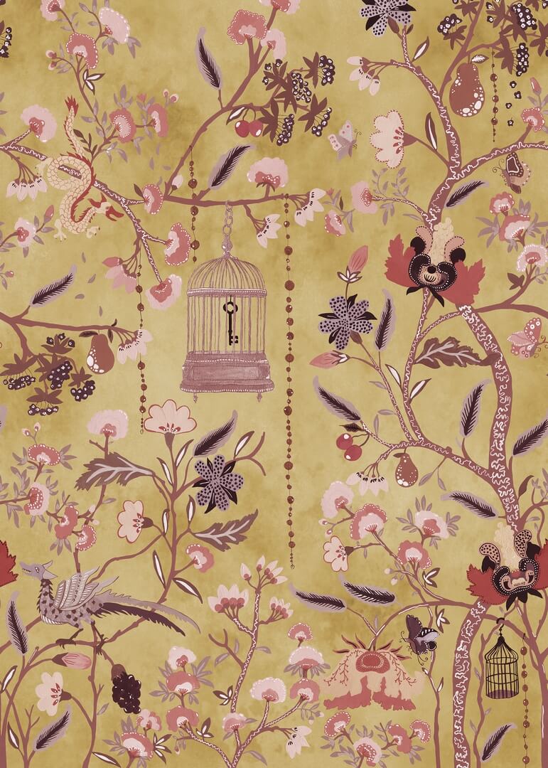 Fototapeta poetycki ogród pełen tajemnic i smoków Rebel Walls R20976 Mystic Garden Yellow Poetic