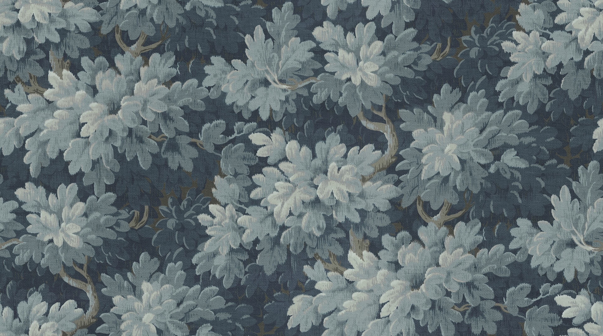 Fototapeta liście w stylu gobelinowym Rebel Walls R21355 Vintage Foliage Dark Blue Poetic