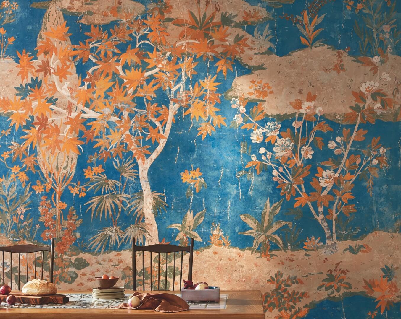 Mural roślinny na zniszczonej ścianie Elitis VP 962 02 Retour des Indes Ortigia