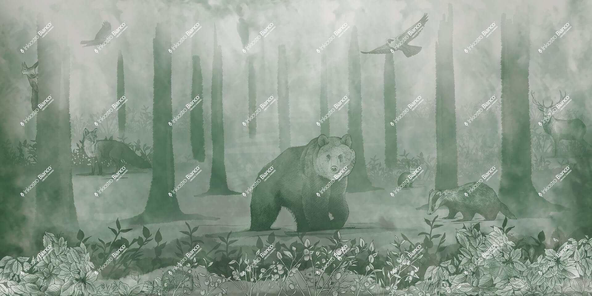 Fototapeta tajemniczy las ze zwierzętami Inkiostro Bianco SHIVELIGHT INKISRG2501 Inkids
