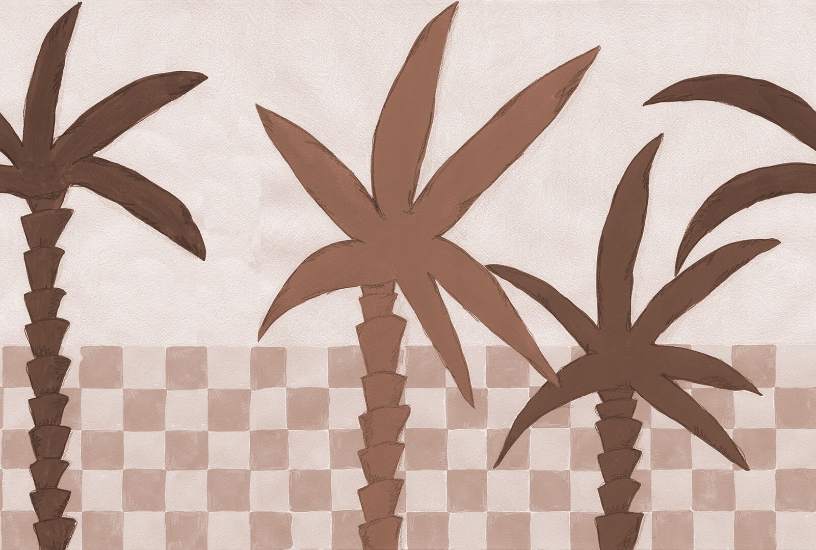 Fototapeta malowane palmy i motyw płytek Rebel Walls R20493 Palm Horizon Light Brown Symbolic