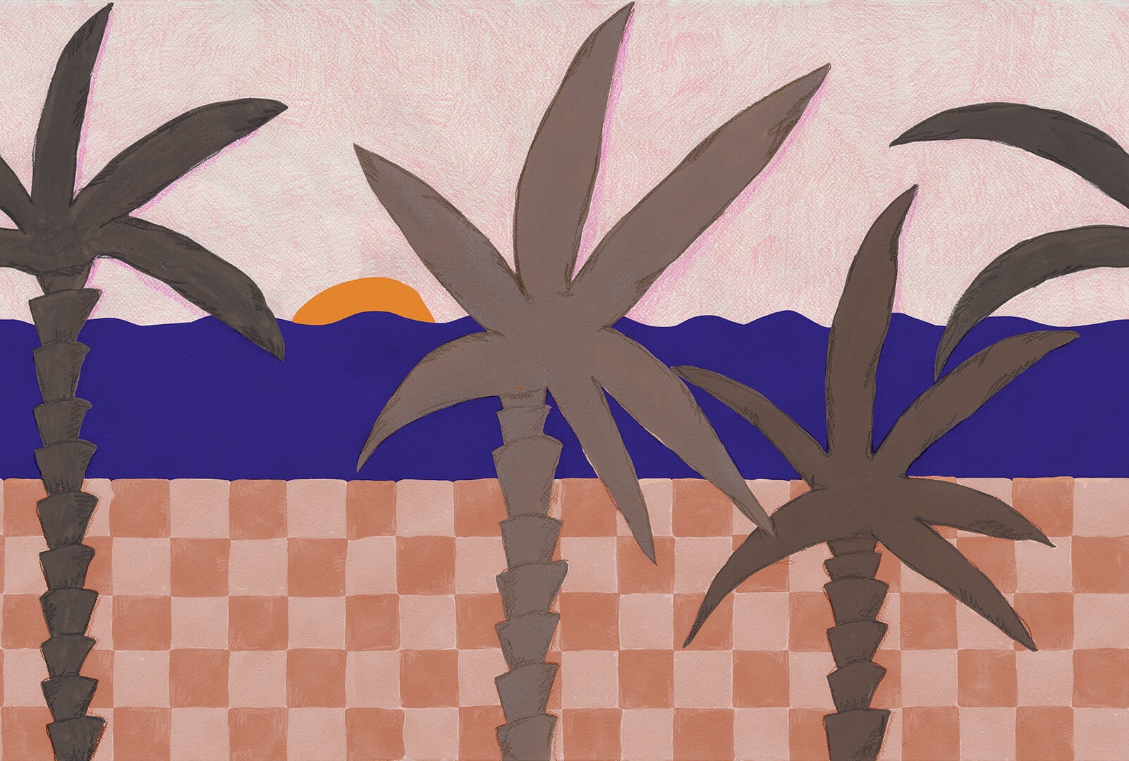 Fototapeta malowane palmy i motyw płytek Rebel Walls R20494 Palm Horizon Sunset Symbolic