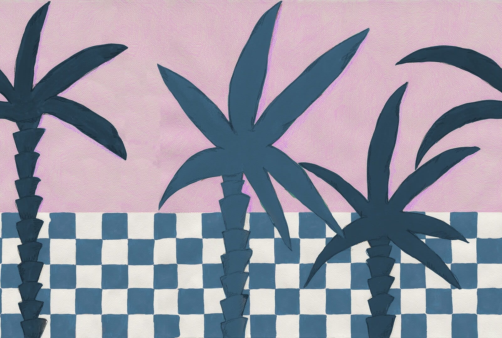 Fototapeta malowane palmy i motyw płytek Rebel Walls R20495 Palm Horizon Blue Pink Symbolic