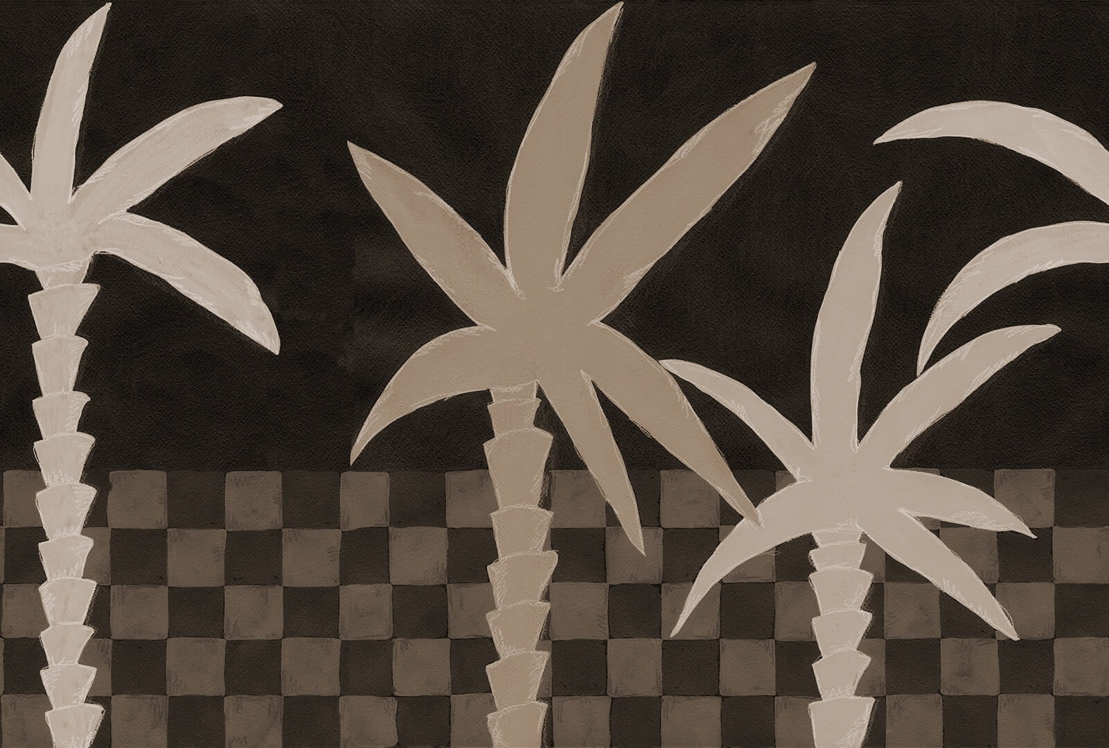 Fototapeta malowane palmy i motyw płytek Rebel Walls R20496 Palm Horizon Dark Brown Symbolic