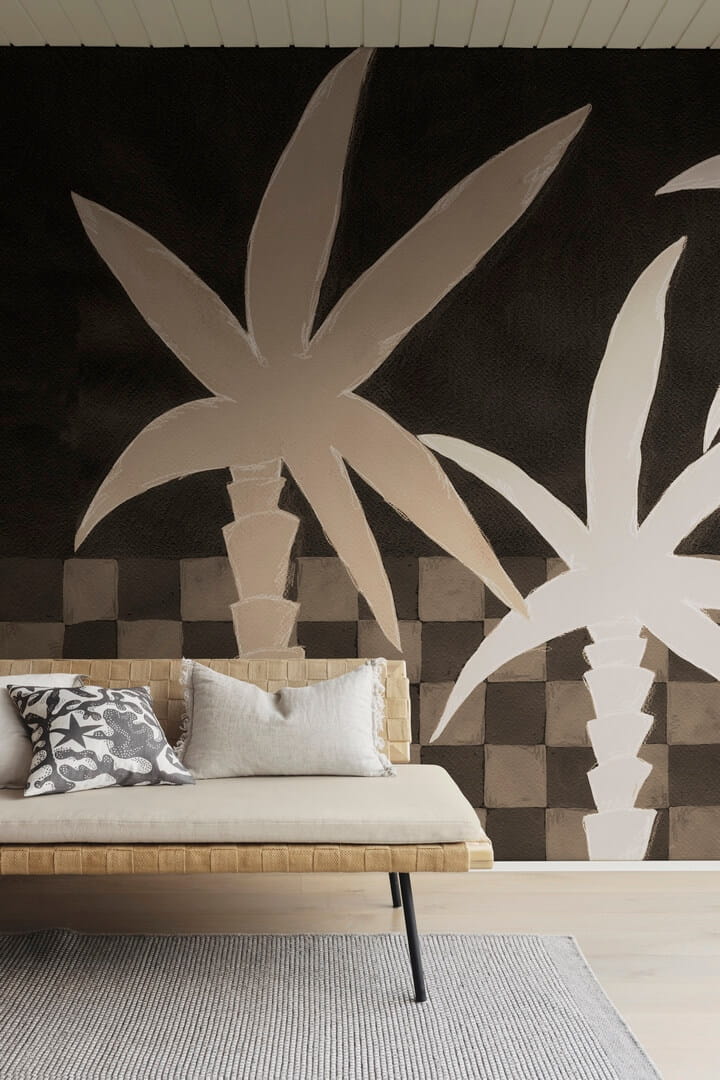 Fototapeta malowane palmy i motyw płytek Rebel Walls R20496 Palm Horizon Dark Brown Symbolic