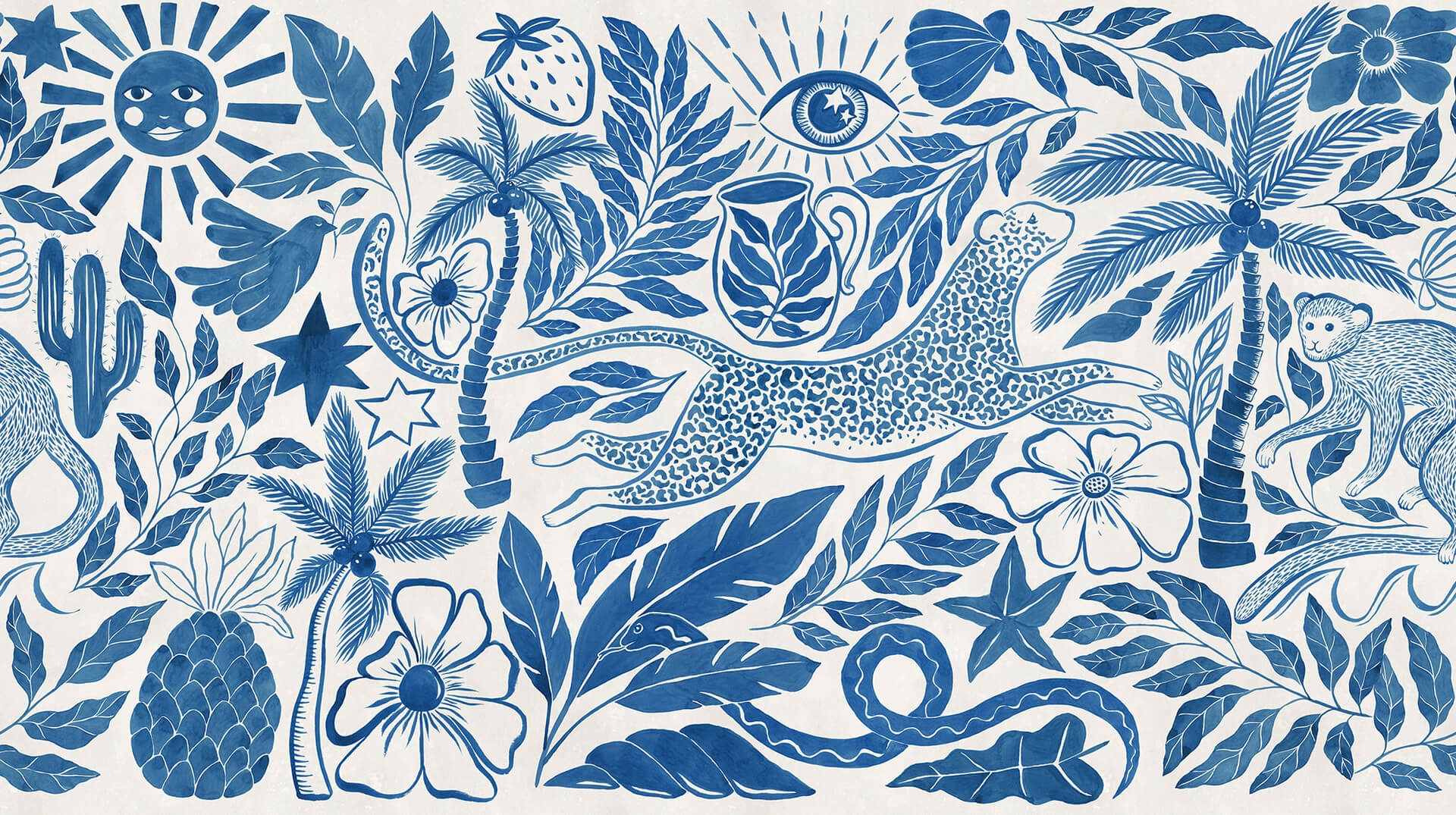 Fototapeta fantazyjny tropikalny krajobraz Rebel Walls R20506 Midnight Tropics Blue Symbolic