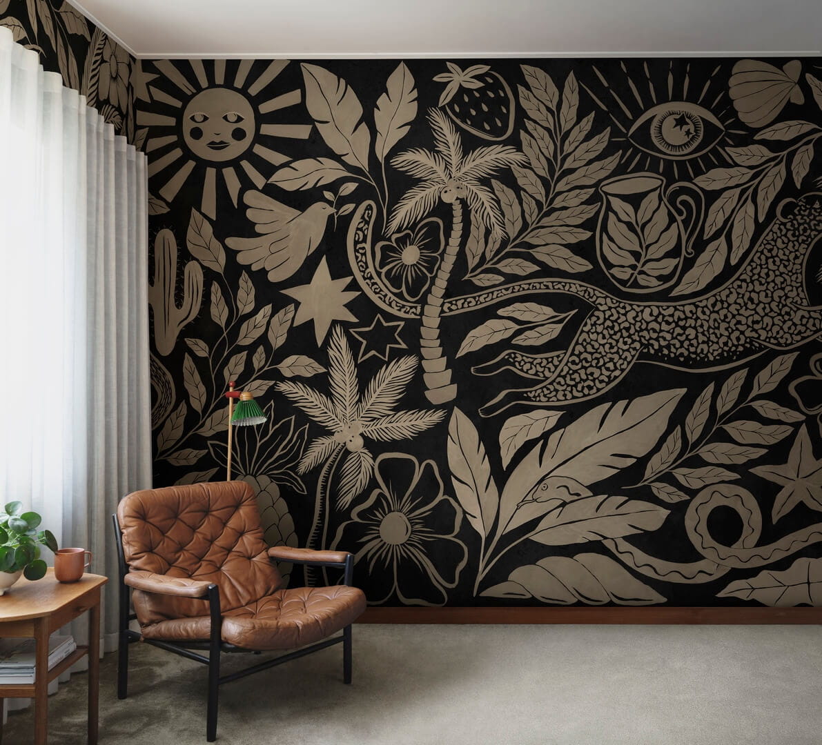 Fototapeta fantazyjny tropikalny krajobraz Rebel Walls R20508 Midnight Tropics Gold Symbolic