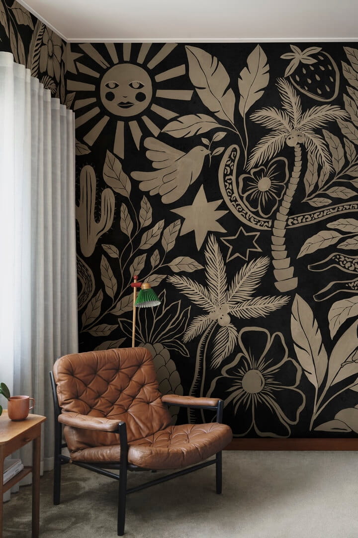 Fototapeta fantazyjny tropikalny krajobraz Rebel Walls R20508 Midnight Tropics Gold Symbolic