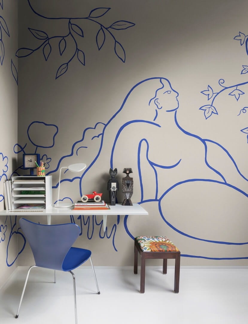 Fototapeta szkic kobiecej postaci i bujna roślinność Rebel Walls R21238 Lush Lines Light Blue Symbolic