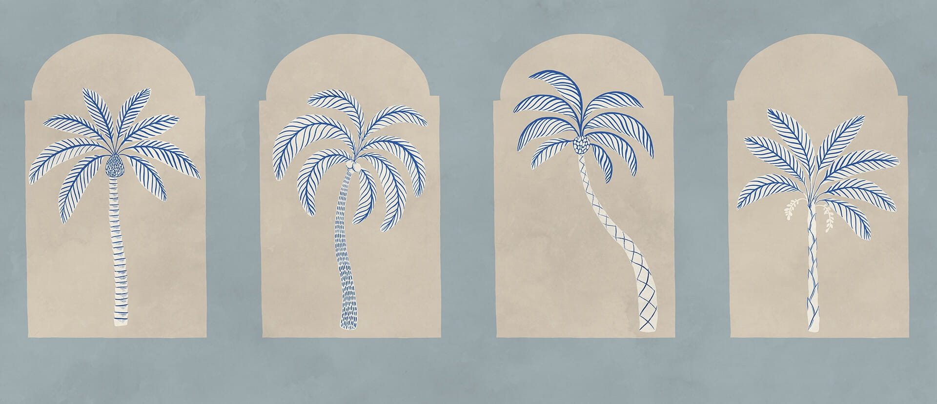 Fototapeta klasyczne łuki i stylizowane palmy Rebel Walls R21253 Palm Arches Blue Symbolic