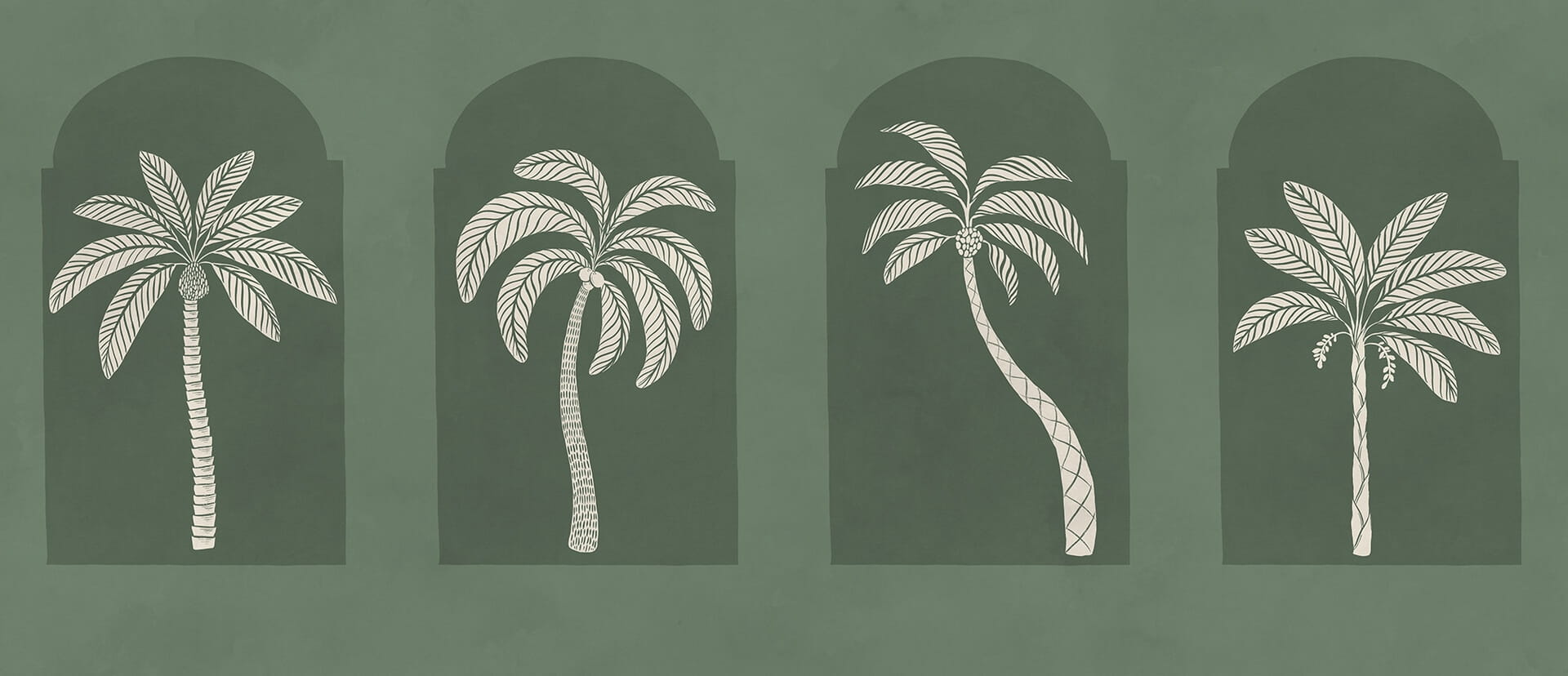 Fototapeta klasyczne łuki i stylizowane palmy Rebel Walls R21254 Palm Arches Green Symbolic