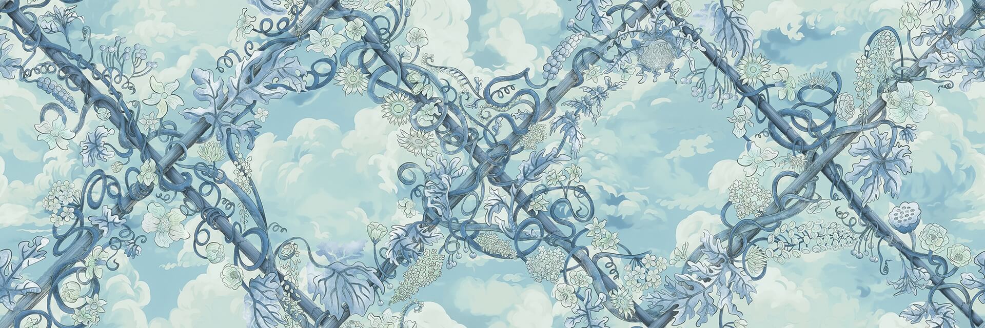 Fototapeta roślinna kratownica w chmurach Rebel Walls R21028 Babylon Sky Blue Sam Wilde
