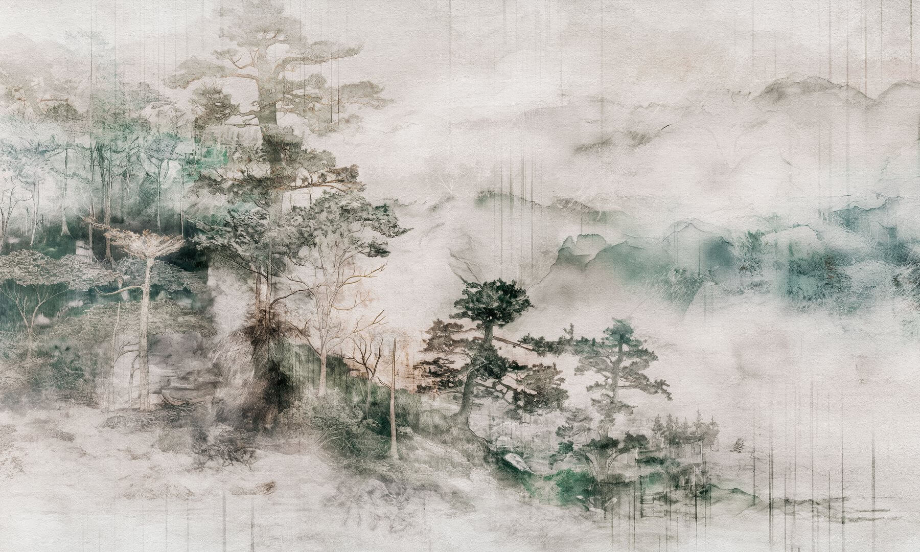 Fototapeta malarskie drzewa bonzai i zamglone góry Wall Art Bonzai