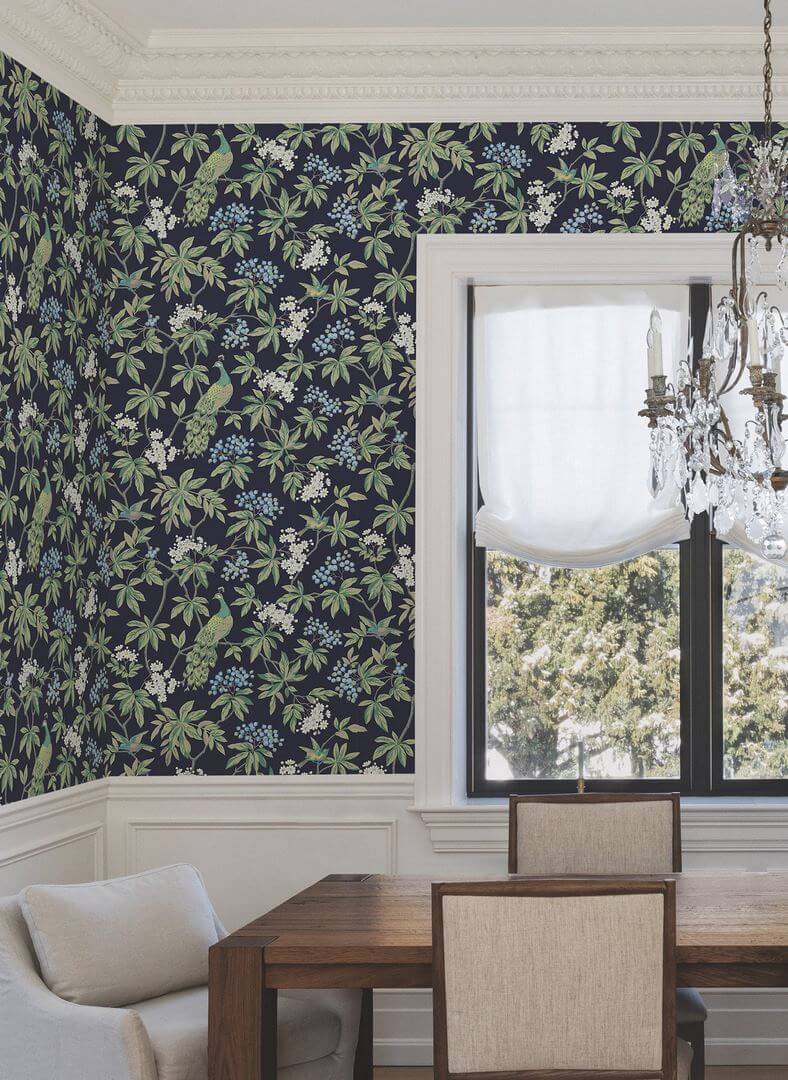 Tapeta botaniczna z ptakami York Wallcoverings MX9661 Peacock Estate Astoria