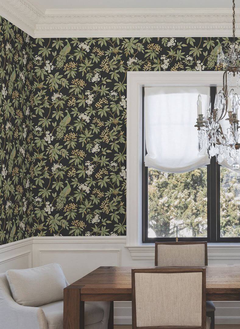 Tapeta botaniczna z ptakami York Wallcoverings MX9662 Peacock Estate Astoria