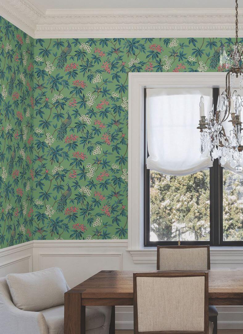 Tapeta botaniczna z ptakami York Wallcoverings MX9664 Peacock Estate Astoria