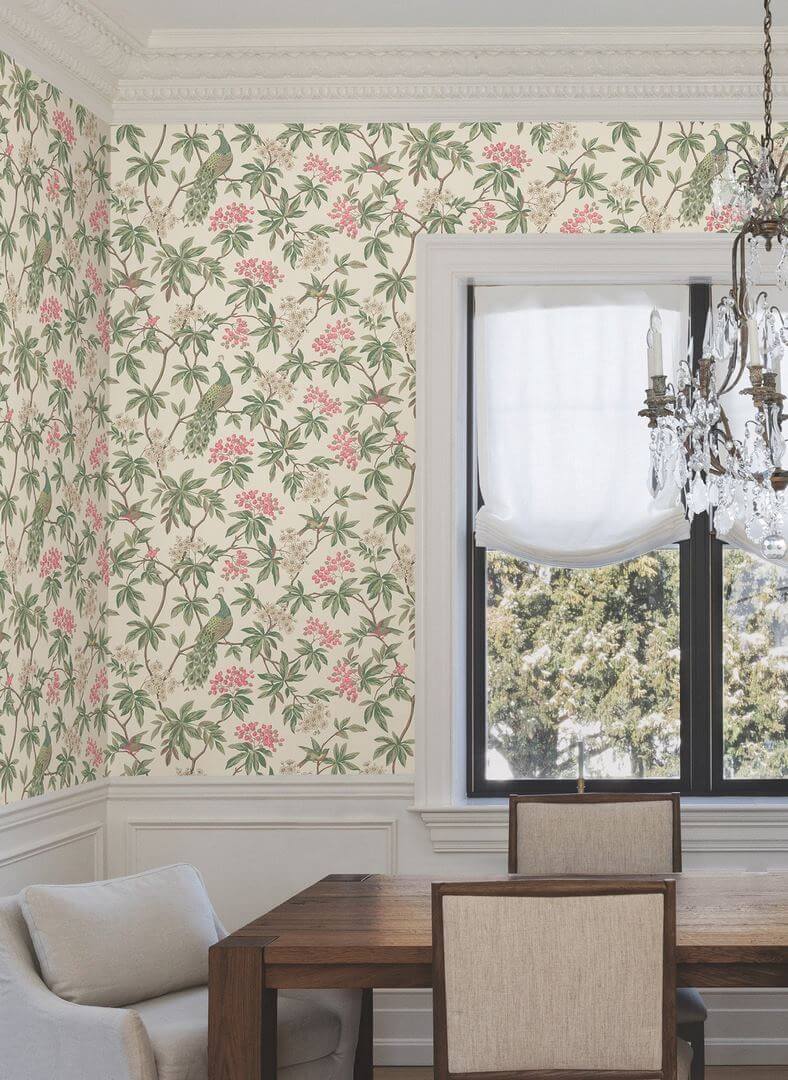 Tapeta botaniczna z ptakami York Wallcoverings MX9665 Peacock Estate Astoria