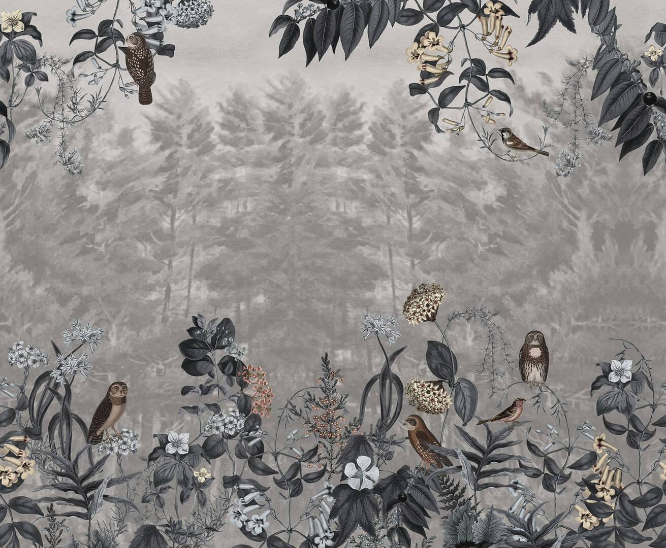 Fototapeta senna scena leśna Rebel Walls R20552 Owl Forest Gray Hot Pops