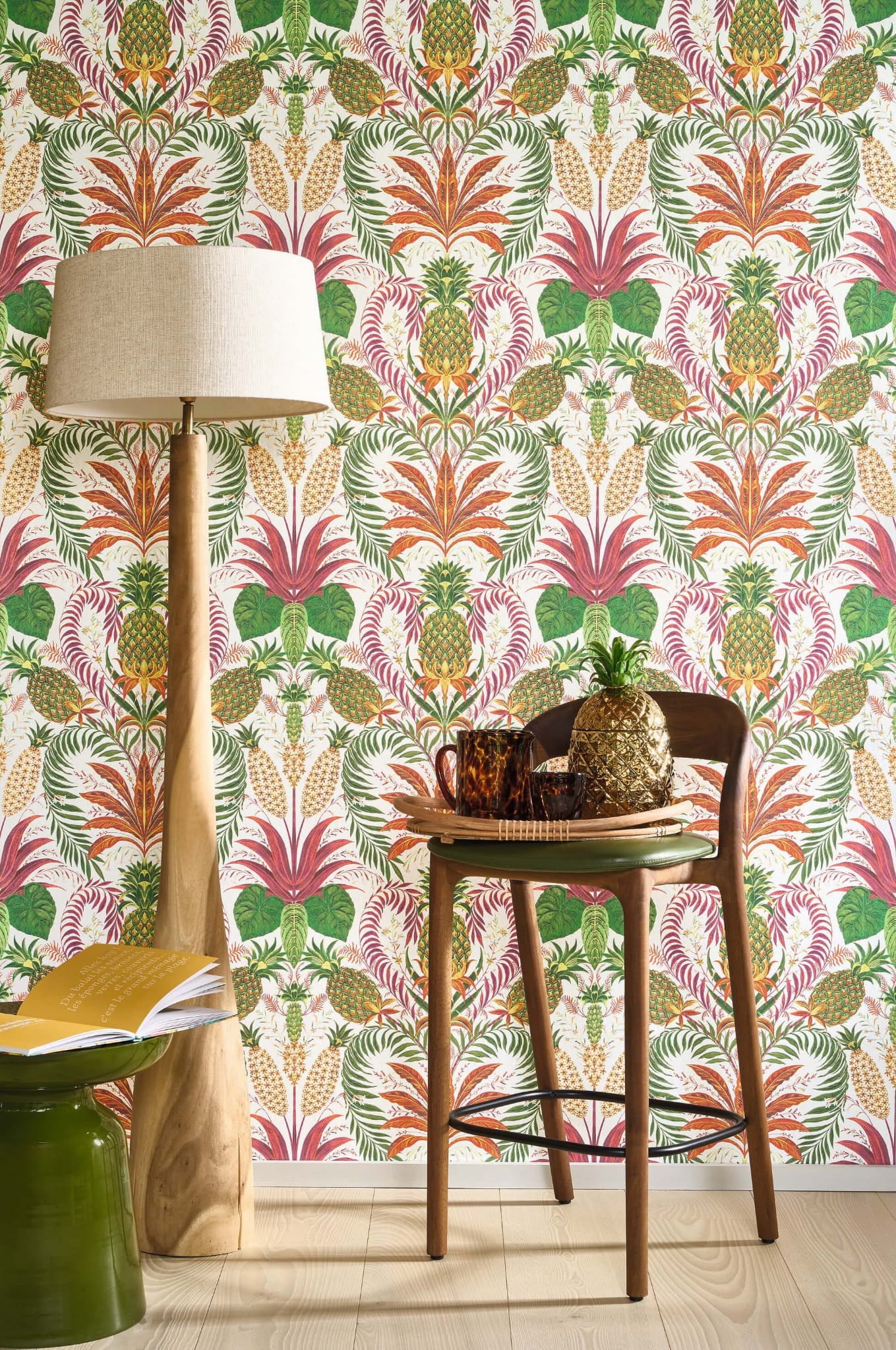 Tapeta tropikalna w liście i ananasy Casadeco RIOC 201824497 Samba Rio