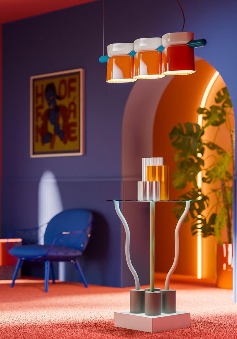 Lampa ceramiczna wisząca z trzema kloszami Ferroluce C2790 Grigio Sabbia + Blu Robot Yakitori Deco