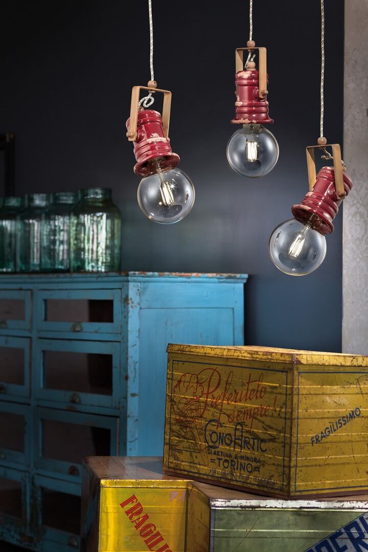 Lampa wisząca w stylu industrialnym 3 klosze Ferroluce C1841 Vintage Bordeaux Urban Retro