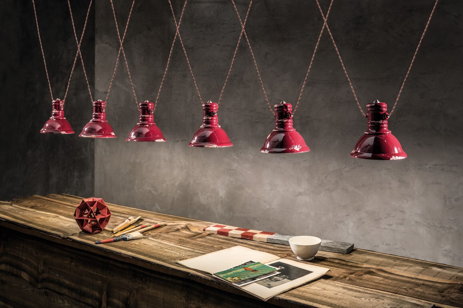 Lampa wisząca w stylu loft 3 klosze Ferroluce C1692 Vintage Bordeaux Industrial Retro