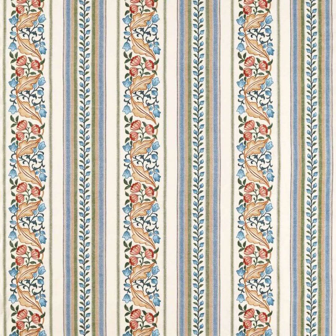 Tkanina w pasy z haftem kwiatowym Morris & Co. X The Huntington Bluebell & Peony Embroidery 237661 The Unfinished Works Fabrics