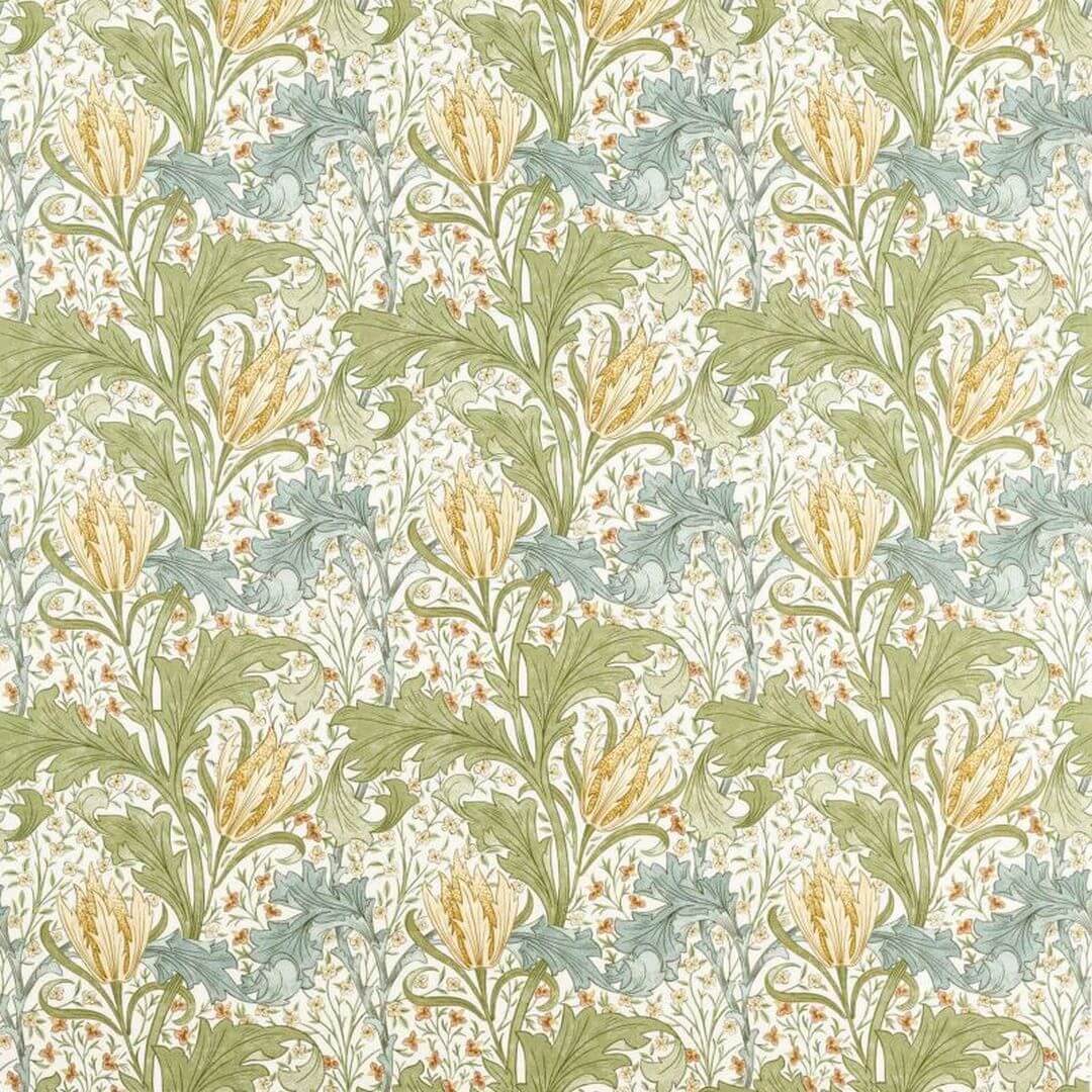 Tkanina lniana w tulipany i liście akantu Morris & Co. X The Huntington Lent Lily 227381 The Unfinished Works Fabrics