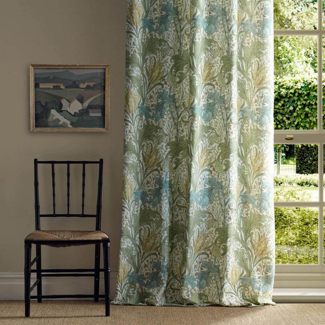 Tkanina lniana w tulipany i liście akantu Morris & Co. X The Huntington Lent Lily 227381 The Unfinished Works Fabrics