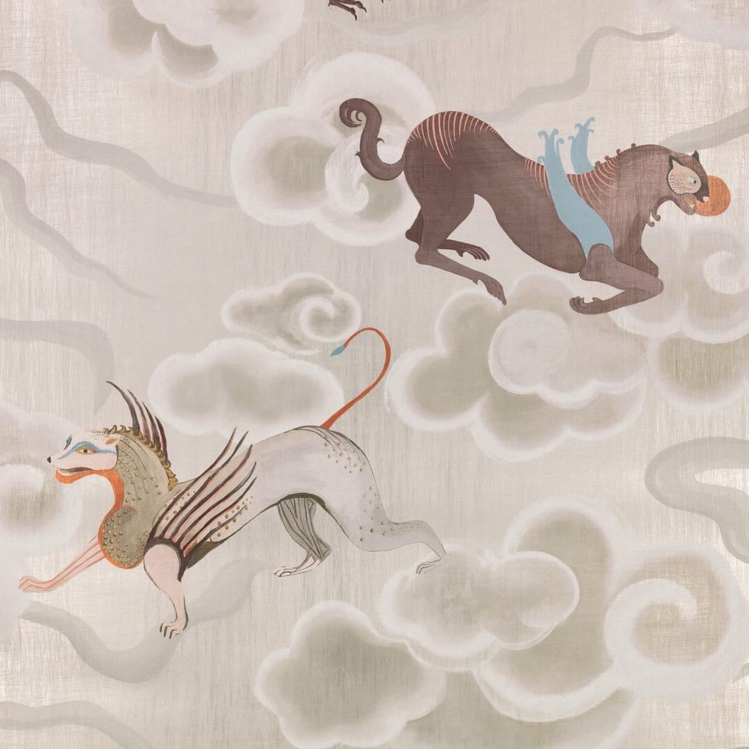 Tapeta tekstylna mitologiczna z motywem smoków i chmur Black Edition W959/01 Chimera Istoria