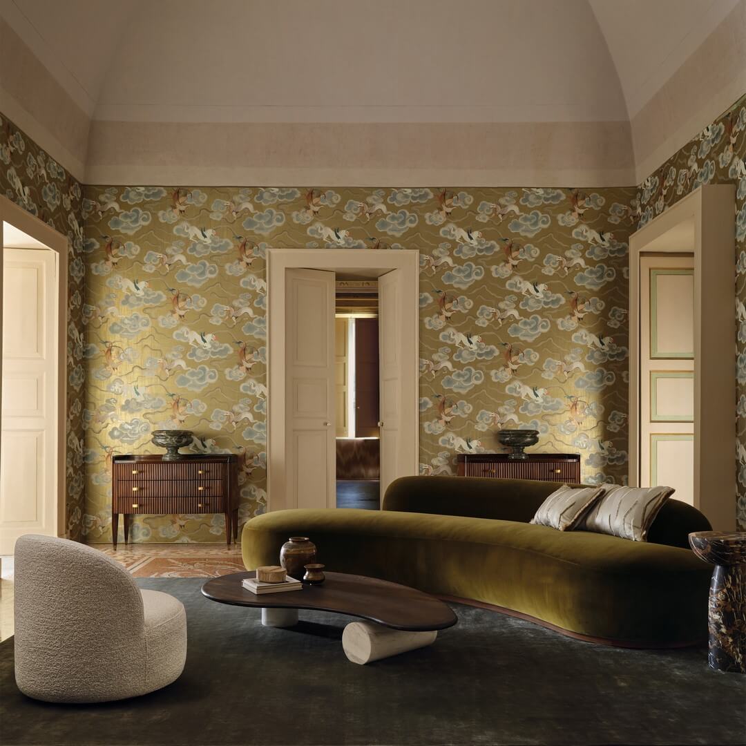 Tapeta tekstylna mitologiczna z motywem smoków i chmur Black Edition W959/01 Chimera Istoria