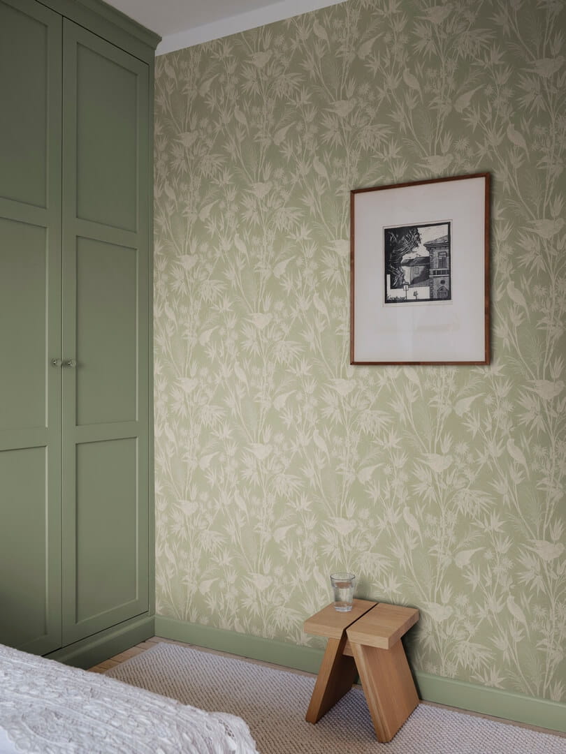 Tapeta ptaki i bambusowe liście Sandberg S10622 Celeste Green Familjen