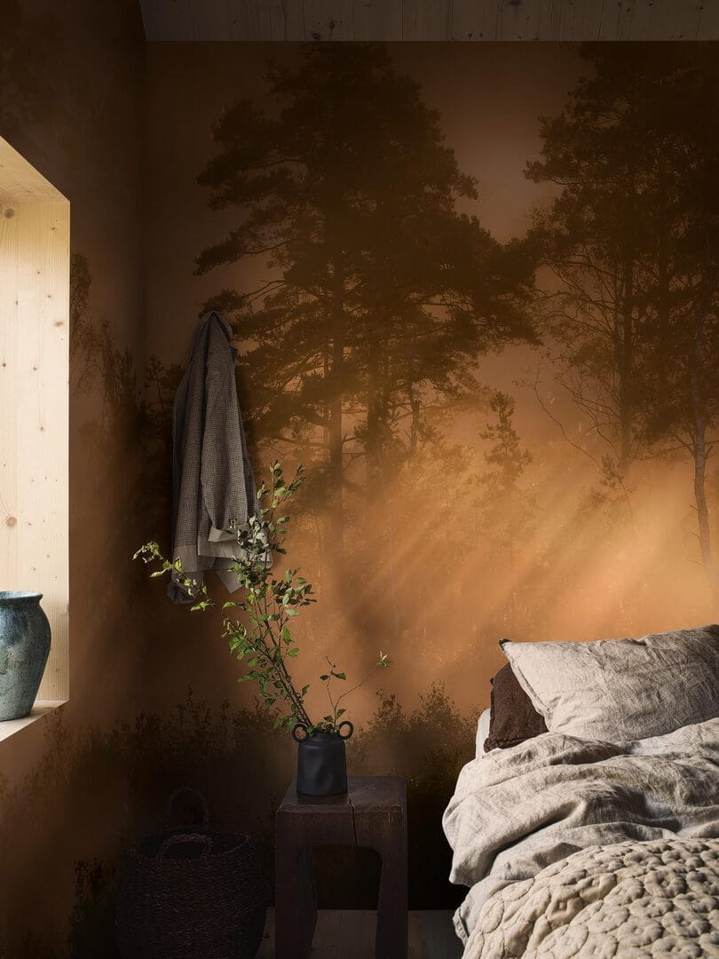 Mural promienie słońca w lesie Boras Tapeter Studio 9775W Dimsol Marie Mattsson